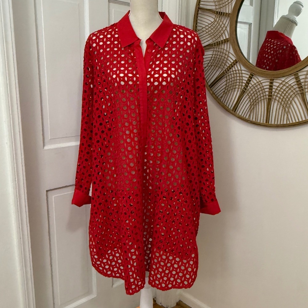 Ulla Popken Cherry Red Eyelet Shirt Dress 20/22 Coverup Boho Button Resort NEW